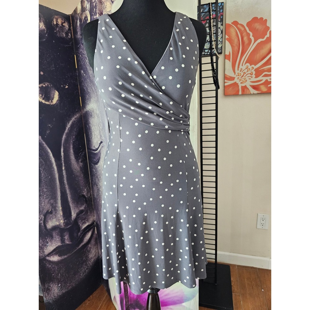 Lauren Ralph Lauren Grey Polka Dot Faux Wrap V-Neck Jersey Dress Womens 10
